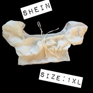 SHEIN CURVE White Puff Sleeve Smocked Tie Front Crop Top 1XL